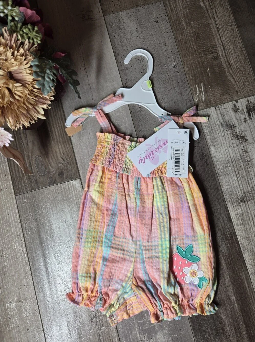 NWT Bonnie Baby Pastel Plaid Strawberry Bubble Romper 3–6M